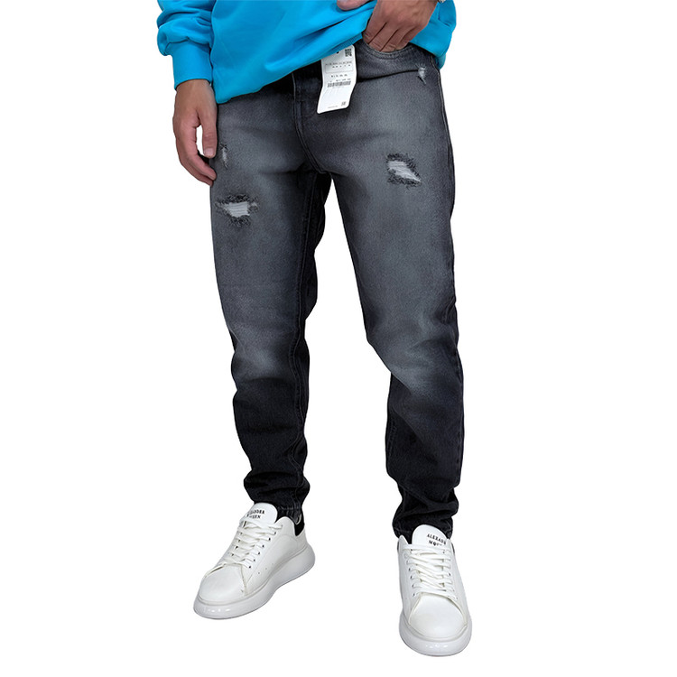 شلوار جین مام فیت مردانه طوسی طرح کاستوم زاپ فیک