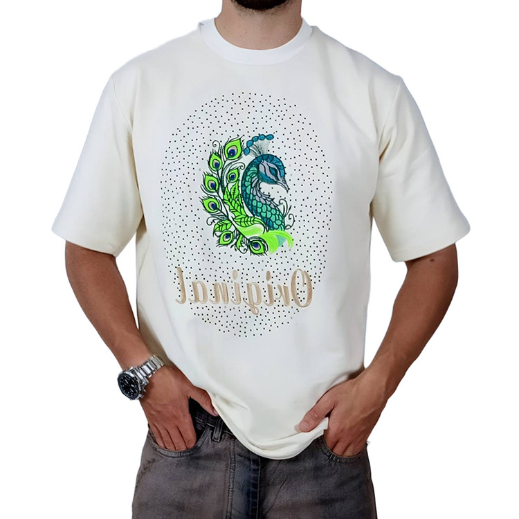 تیشرت آستین کوتاه شیری مدل طاووس | تیشرت طاووس نگین کاری شده