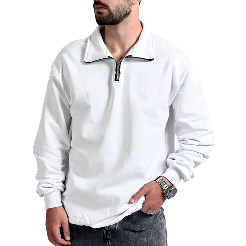 دورس مردانه پنبه 3 نخ سفید طرح یقه نیم زیپ