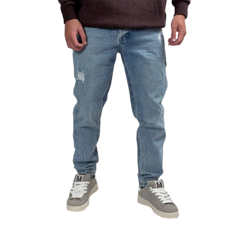 شلوار جین مام فیت مردانه آبی طرح زاپ