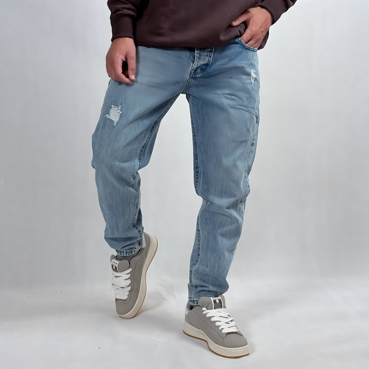 شلوار جین مام فیت مردانه آبی طرح زاپ