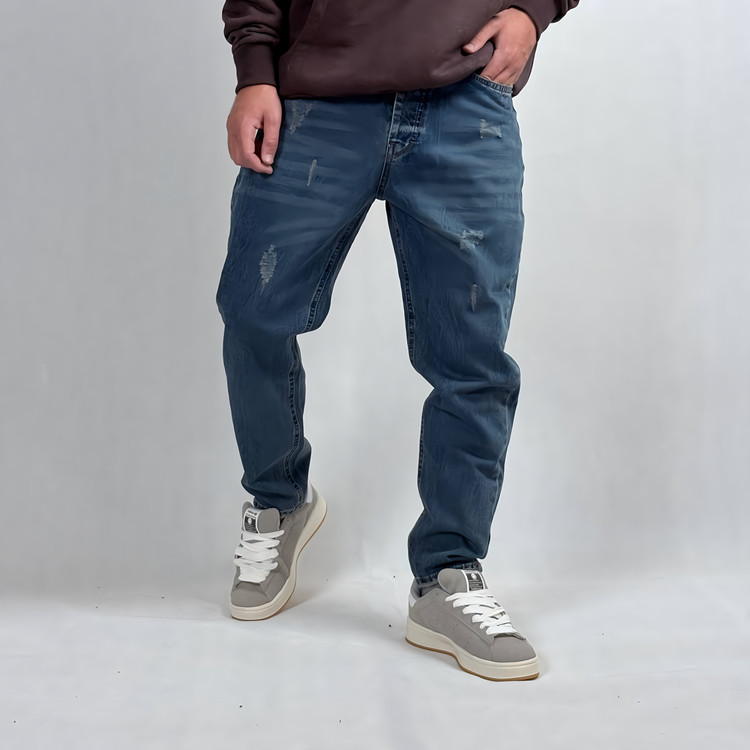 شلوار جین مام فیت مردانه آبی طرح زاپ