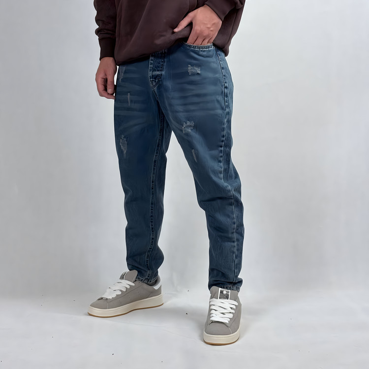 شلوار جین مام فیت مردانه آبی طرح زاپ