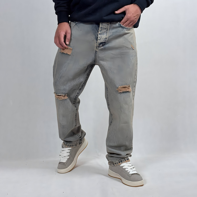 شلوار جین بگ مردانه طوسی طرح زاپدار