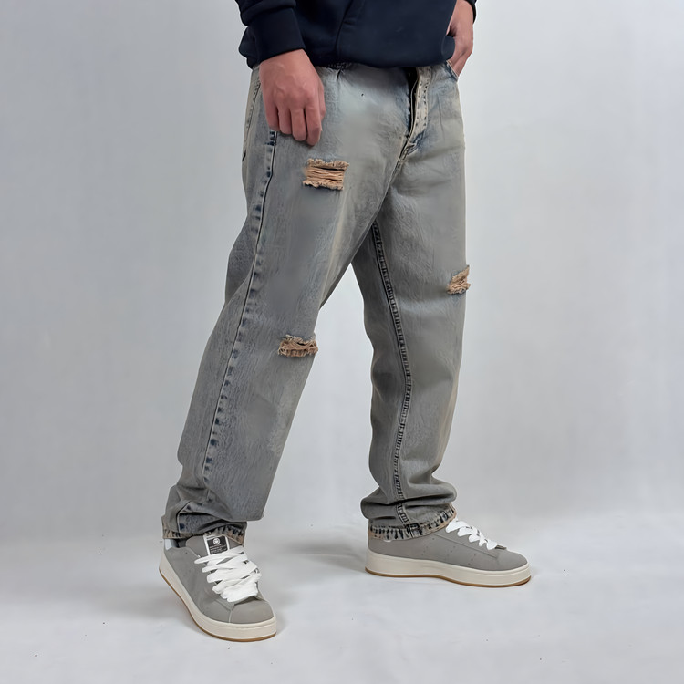 شلوار جین بگ مردانه طوسی طرح زاپدار