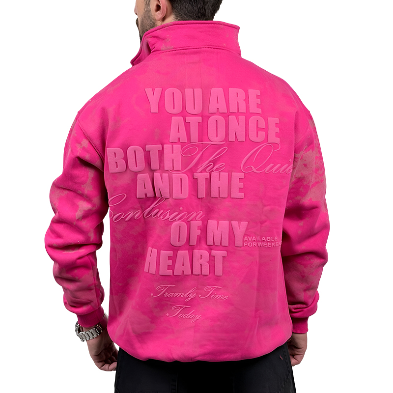 دورس یقه نیم زیپ صورتی مدل چاپ برجسته