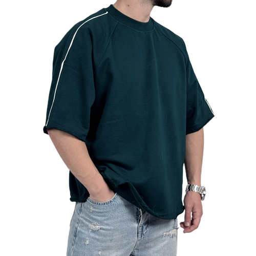 تیشرت ساده باکسی مردانه سبز مدل نواری