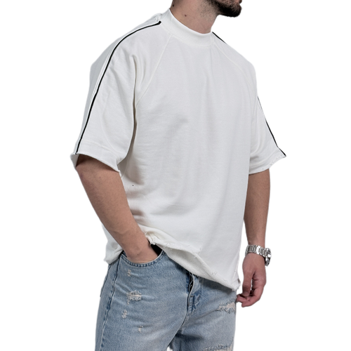 تیشرت ساده باکسی مردانه سفید مدل نواری