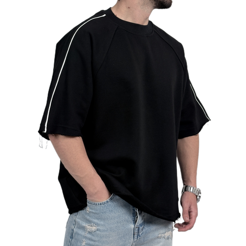 تیشرت ساده باکسی مردانه مشکی مدل نواری