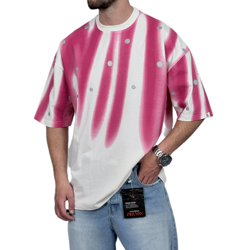 تیشرت آستین کوتاه سفید سرخ آبی مدل آبرنگی