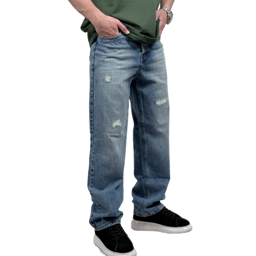 شلوار جین بگ مردانه آبی حاله روشن مدل زاپ